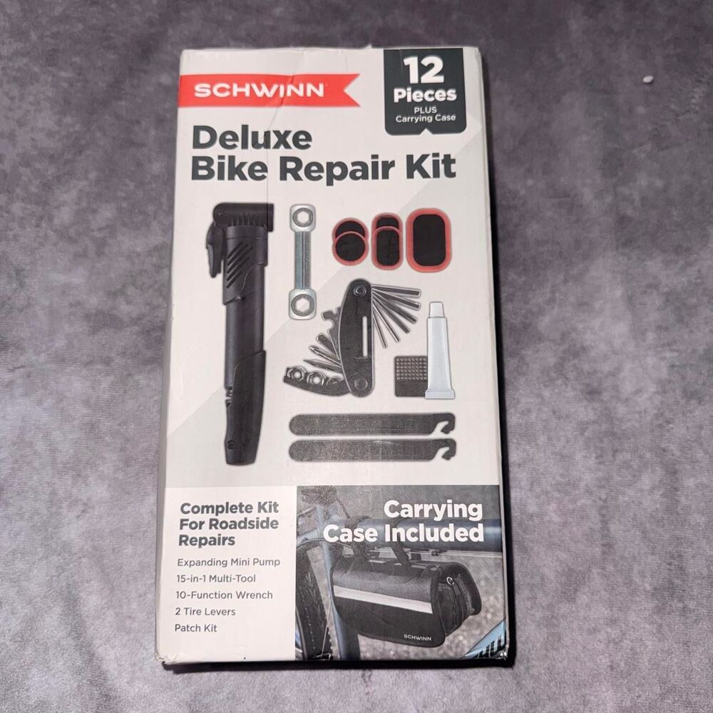 Schwinn Deluxe Bike Repair Kit 12-Piece Tools Pump Patch Kit Carrying Case